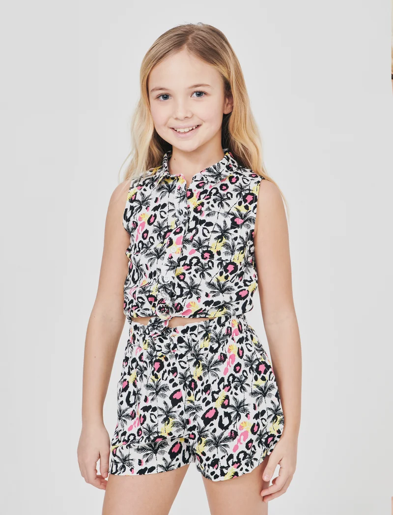 Camicia estiva bambina con fiocco e stampa - Bianco