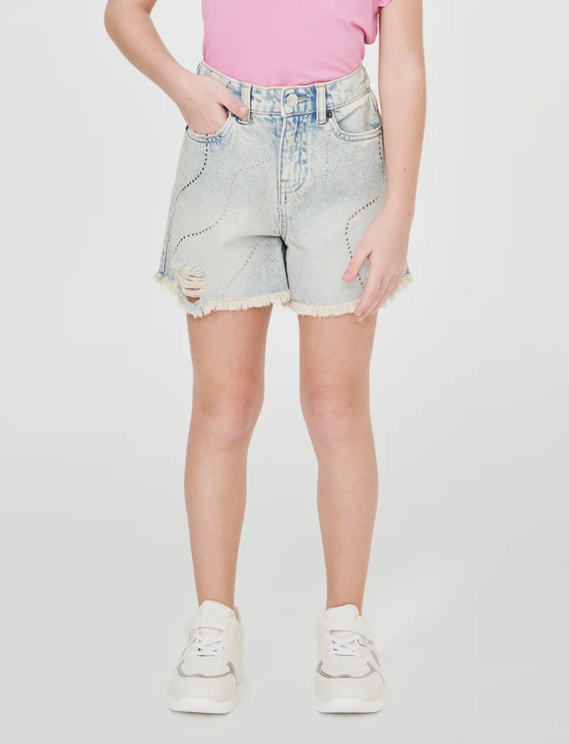 Short in denim con borchie e vita regolabile - Denim