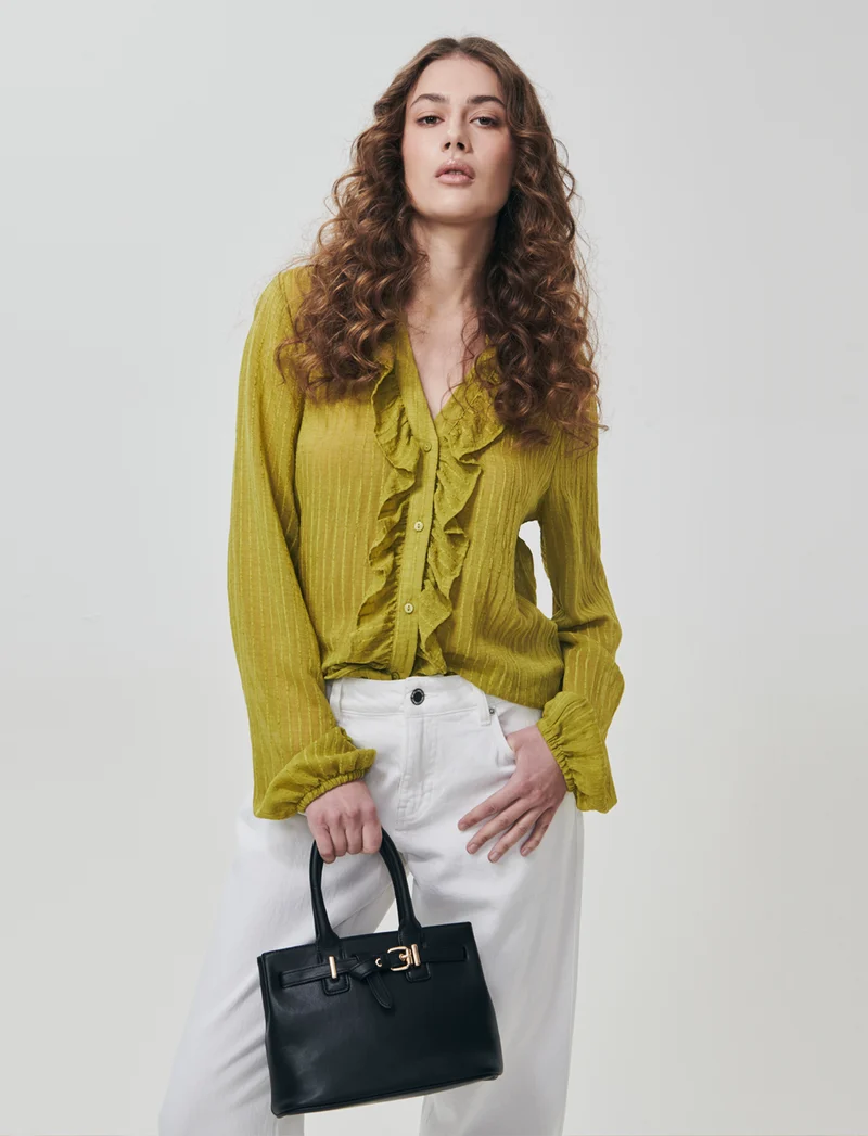 Camicia con Rouches e Collo Coreano - Verde pistacchio