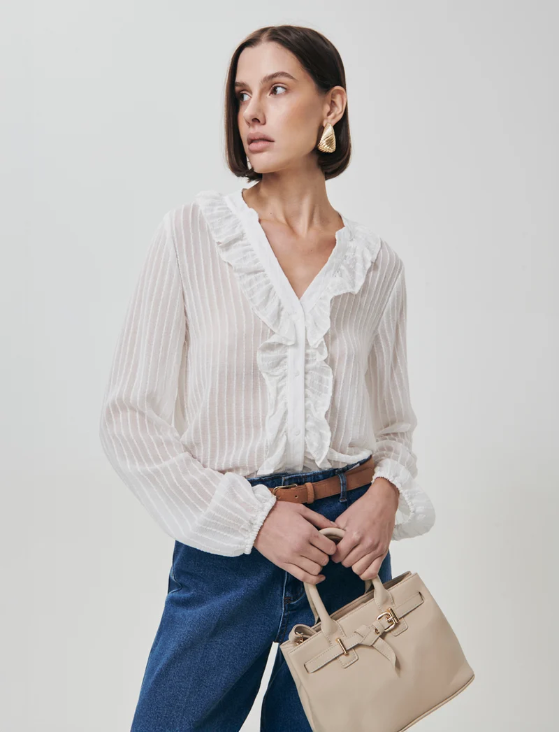 Camicia con Rouches e Collo Coreano - Avorio