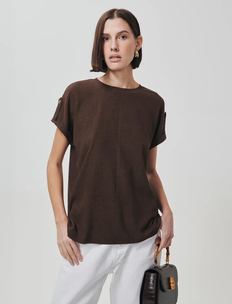T-Shirt Basica Manica Corto con Spacchetti - Marrone cioccolato