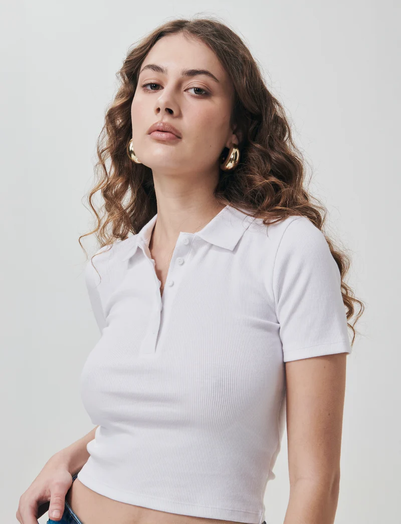 Polo a Coste Crop Mezza Manica - Bianco