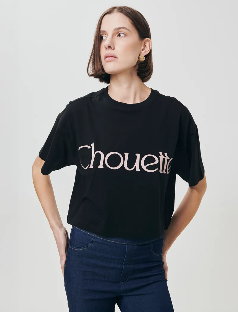 T-shirt Crop con Stampa e Manica Corta - Nero
