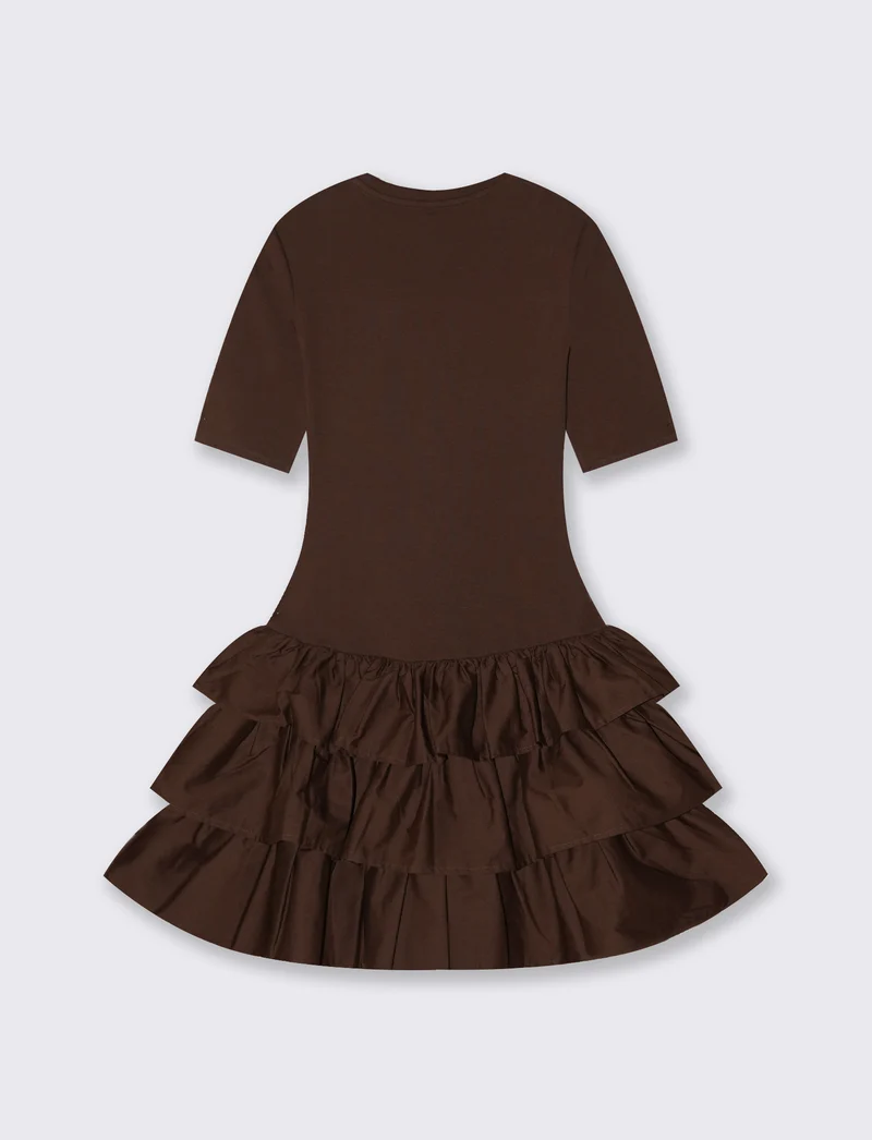 Vestito Corto Mezza Manica con Balze - Marrone cioccolato