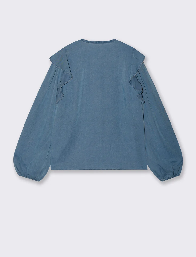 Blusa Manica Lunga con Scollo a V e Rouches - Denim