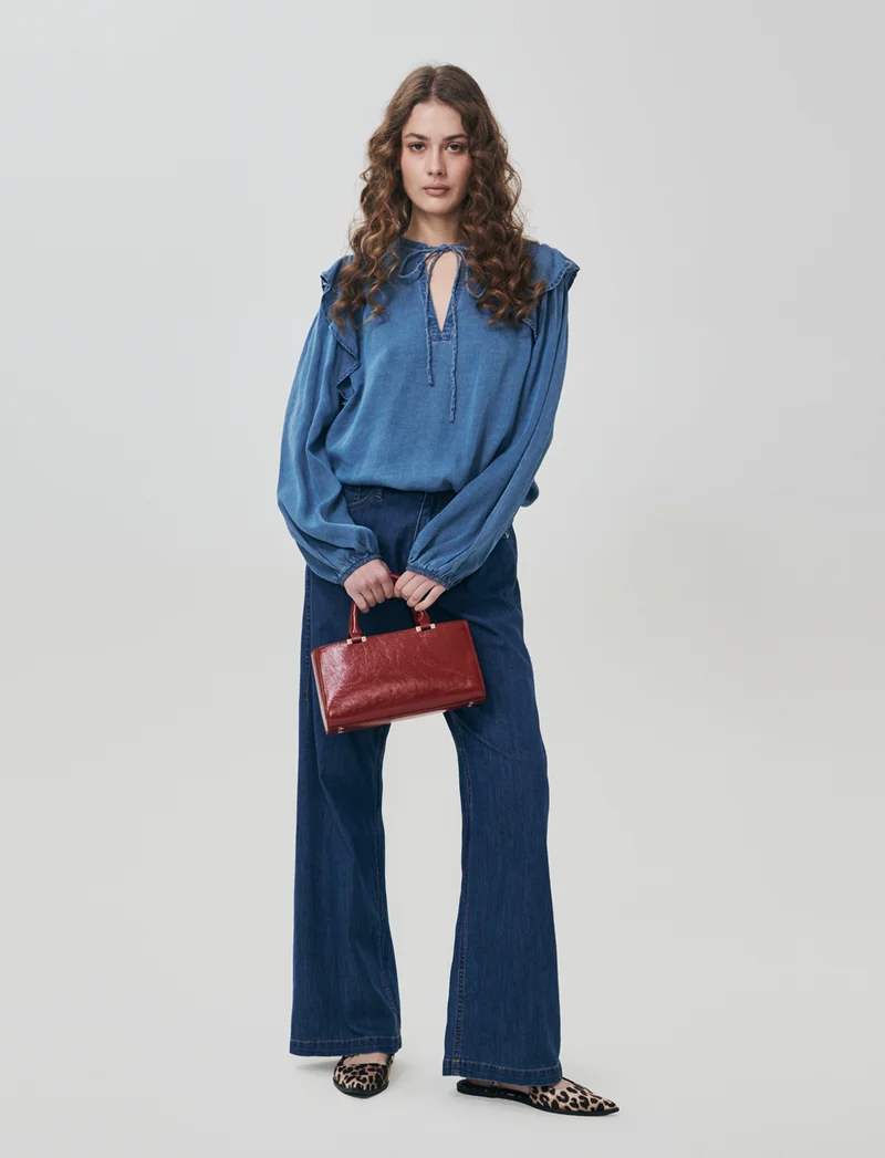 Blusa Manica Lunga con Scollo a V e Rouches - Denim