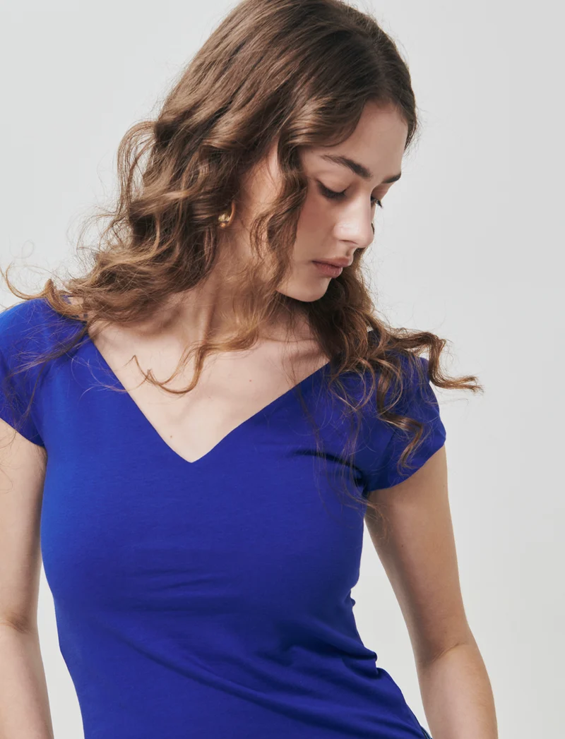 T-Shirt Cotone Scollo a V - Blu royal