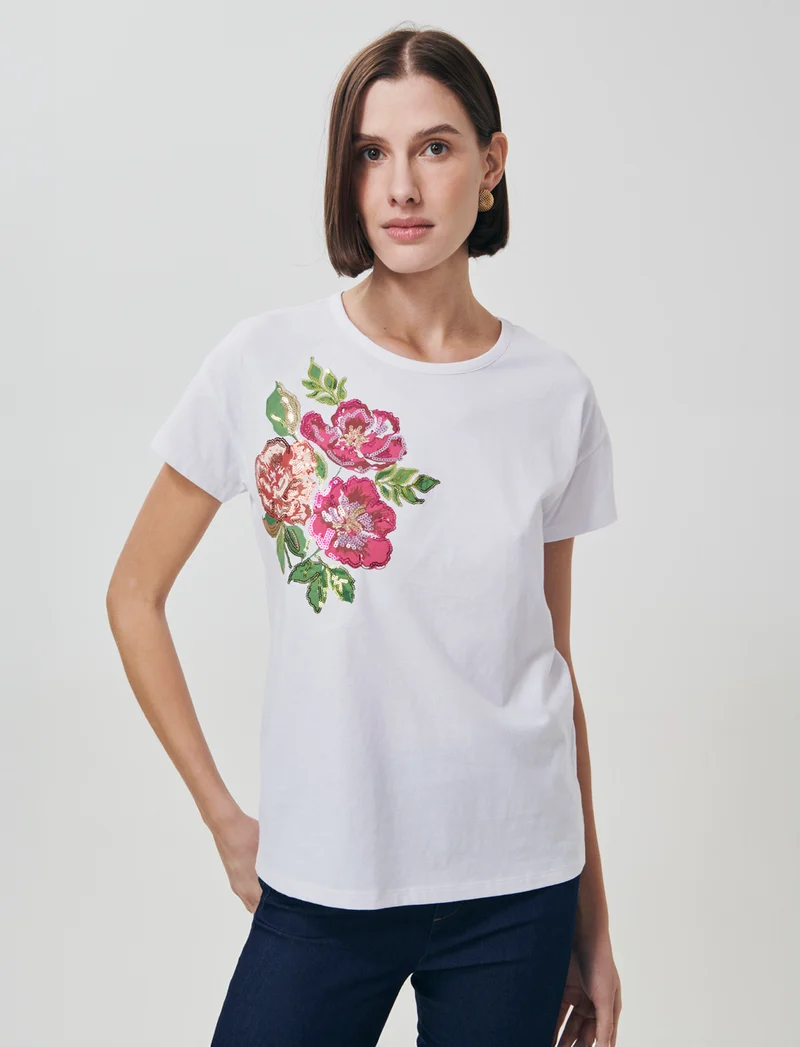 T-Shirt Manica Corta con Stampa e Paillettes - var 1