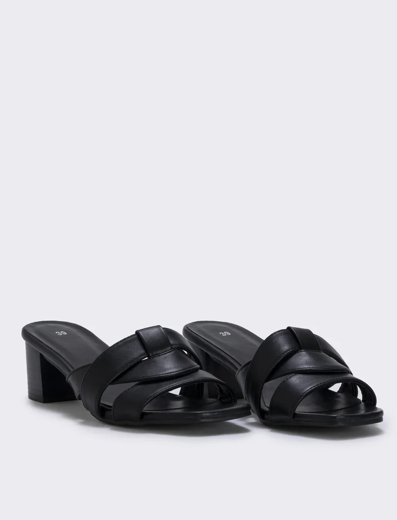 Mule in poliuretano con tacco effetto legno - Nero