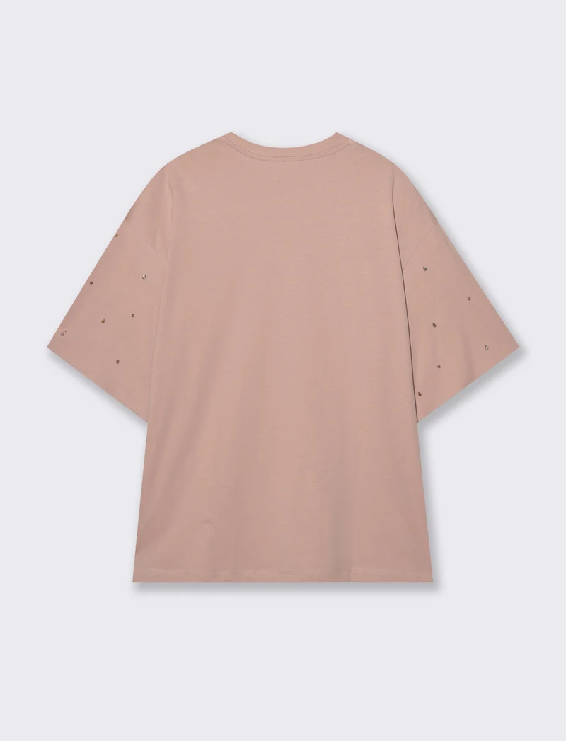 T-Shirt Manica Corta con Strass - Rosa antico