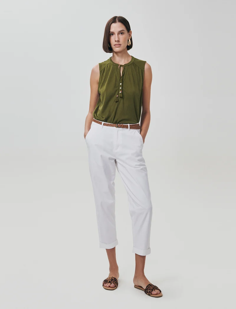 Camicia Giromanica con Scollo a V e Laccetto - Verde abete