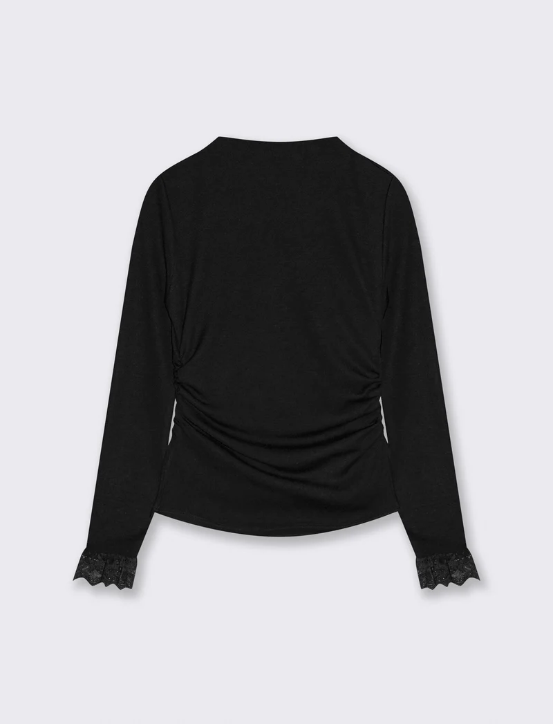 Tshirt manica lunga con pizzo a fondo manica - Nero