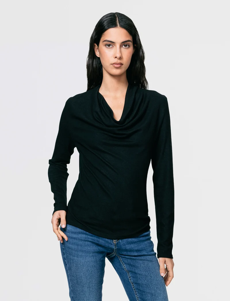 Maglia in tessuto morbido con scollo drappeggiato - Nero