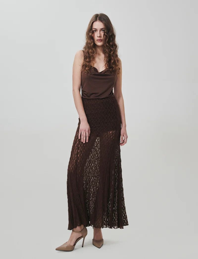 Gonna lunga in pizzo con elastico vita - Marrone cioccolato