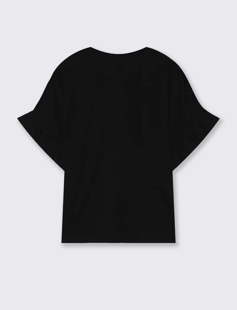 T-Shirt Girocollo Mezza Manica con Ruches - Nero
