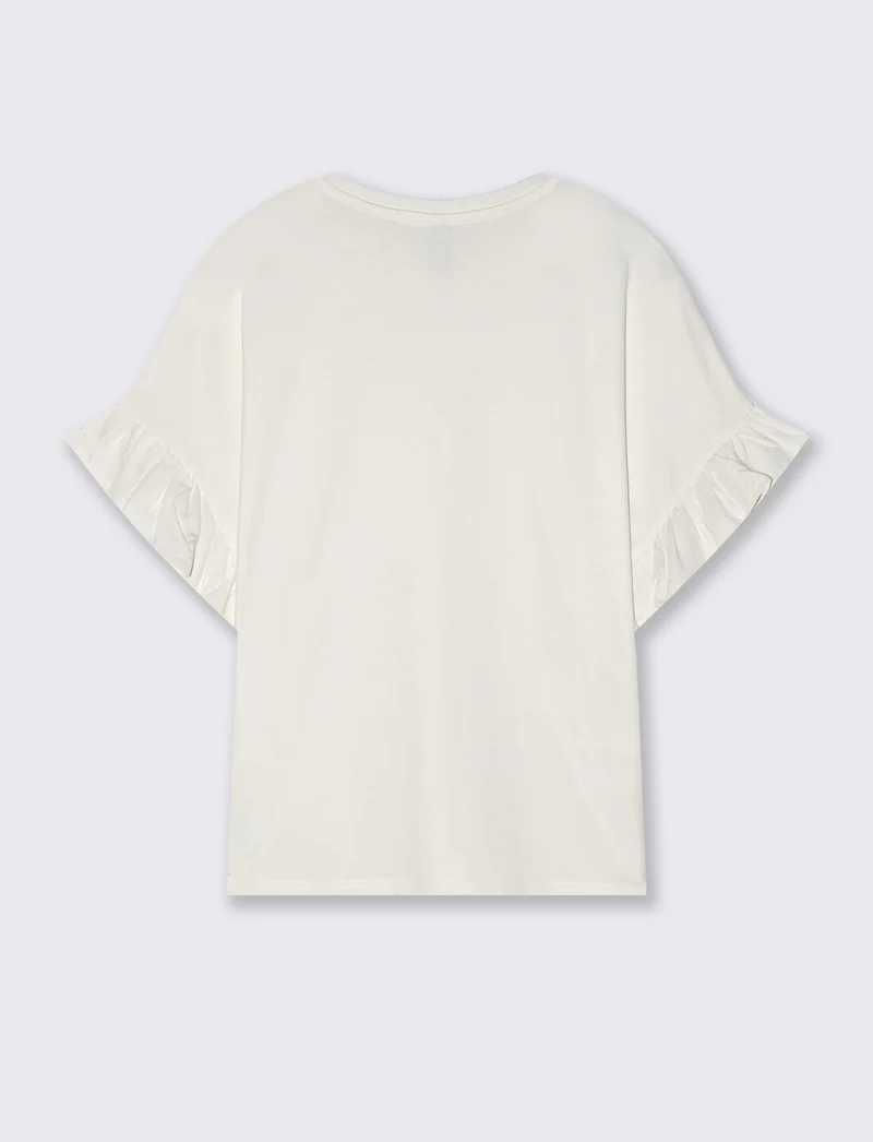 T-Shirt Girocollo Mezza Manica con Ruches - Avorio