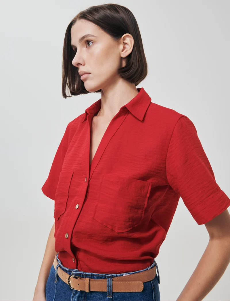 Camicia Manica Corta con Tasche a Toppa - Rosso