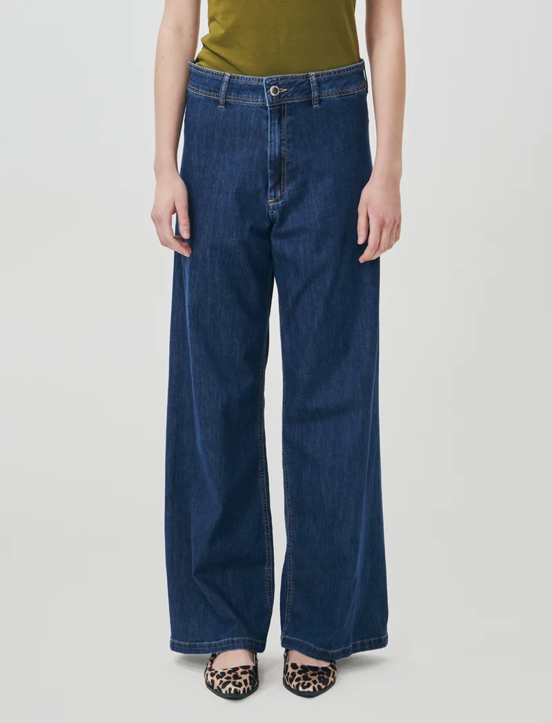 Jeans Gamba Larga con Vita Alta - Denim