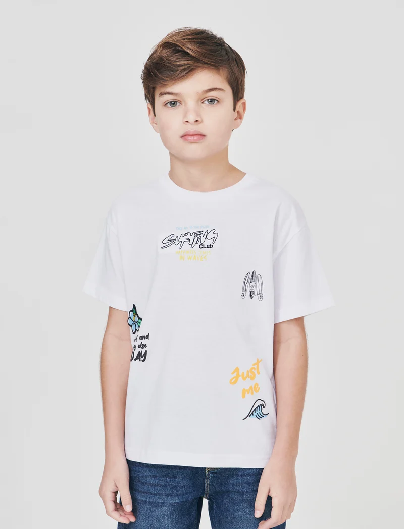T-shirt surf con stampa e ricami - Bianco