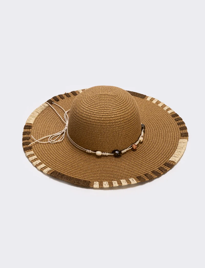 Cappello bicolor in paglia con impunture - Beige