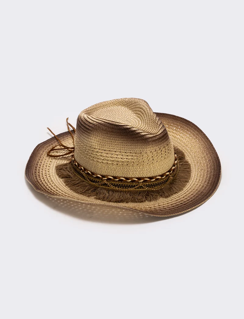 Cappello cowboy frangiato con catenina - Bianco natural