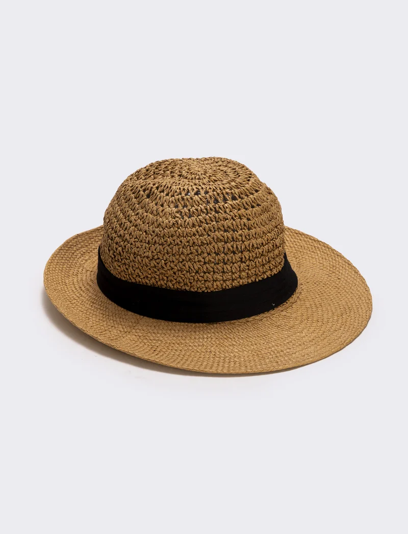 Cappello in paglia con banda nera uomo - Beige