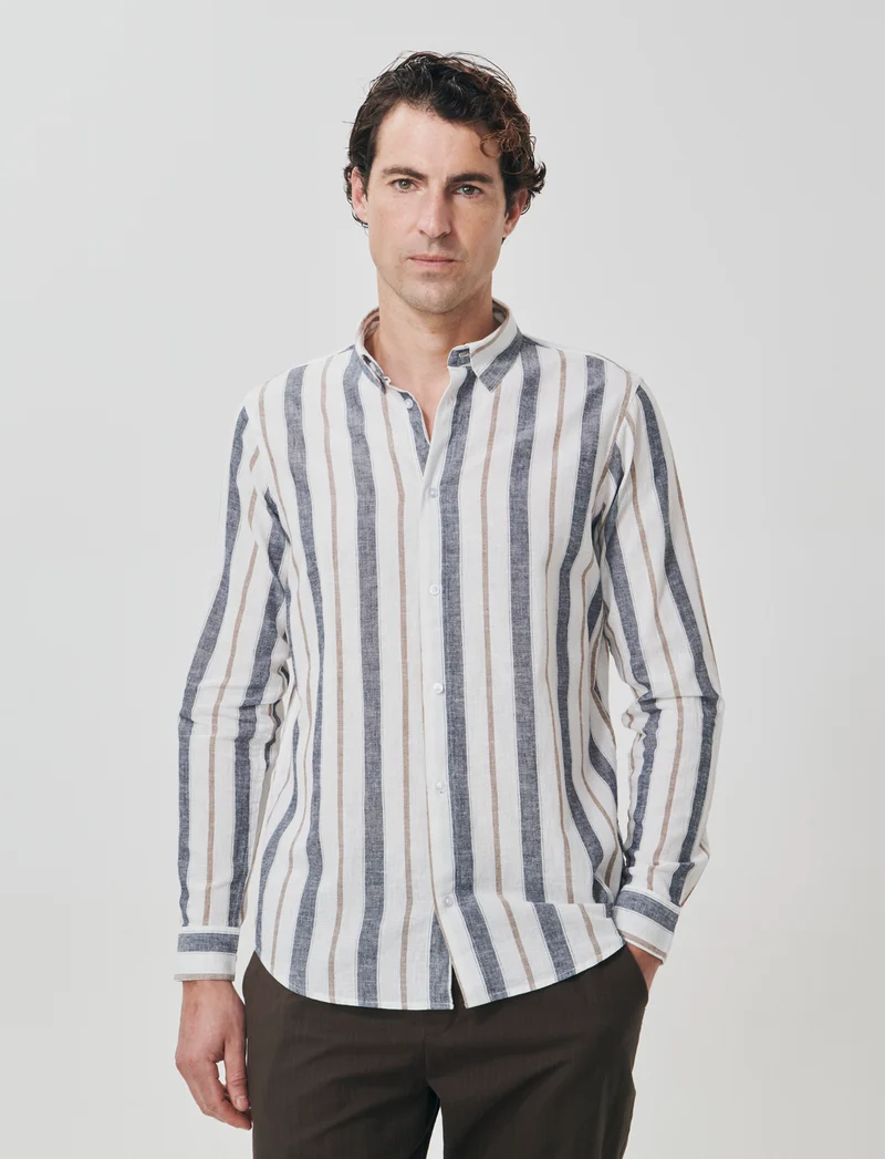 Camicia a righe in cotone e lino - Bianco