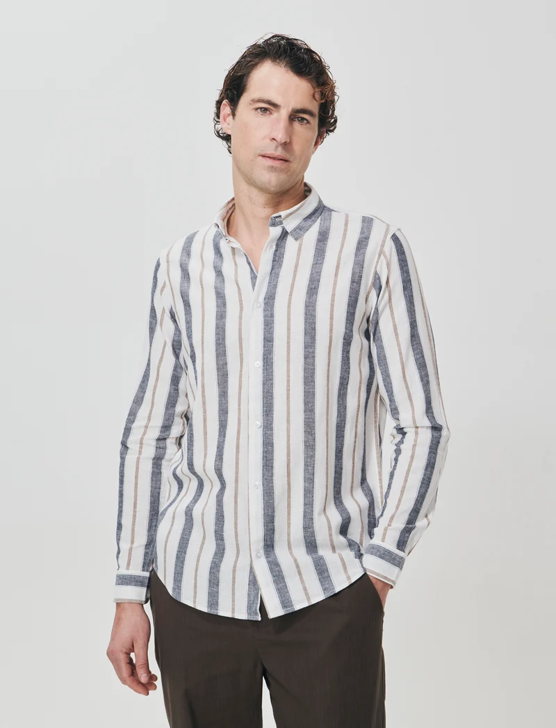 Camicia a righe in cotone e lino - Bianco
