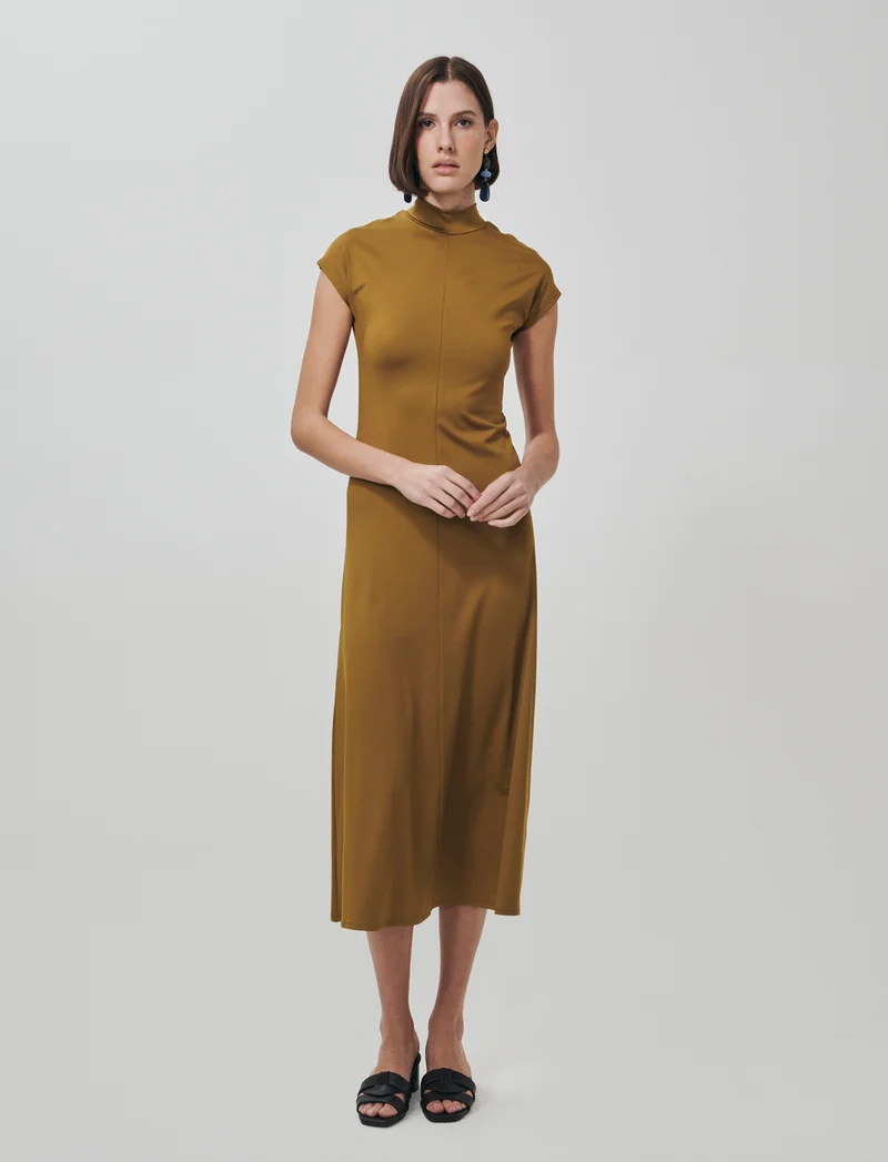 Vestito lungo in cotone manica corta - Verde oliva