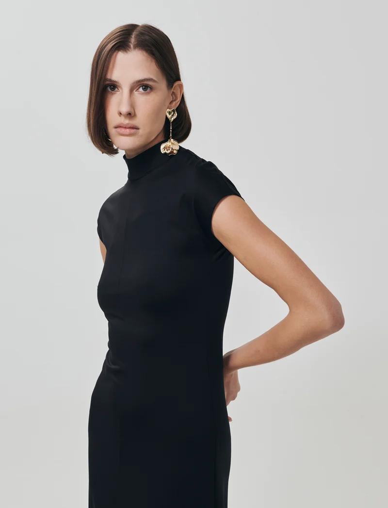 Vestito lungo in cotone manica corta - Nero