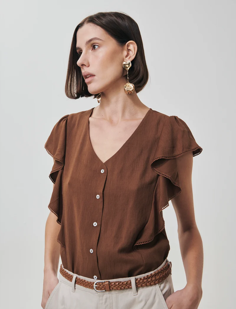 Camicia Giro Maniche con Rouches - Marrone tabacco