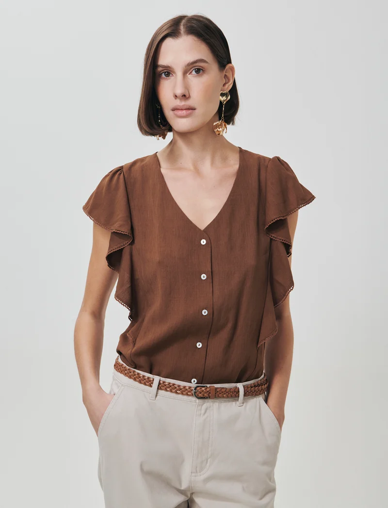 Camicia Giro Maniche con Rouches - Marrone tabacco