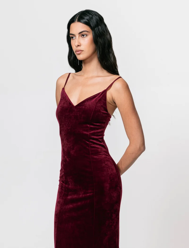 Vestito lungo con bretelline in ciniglia - Bordeaux