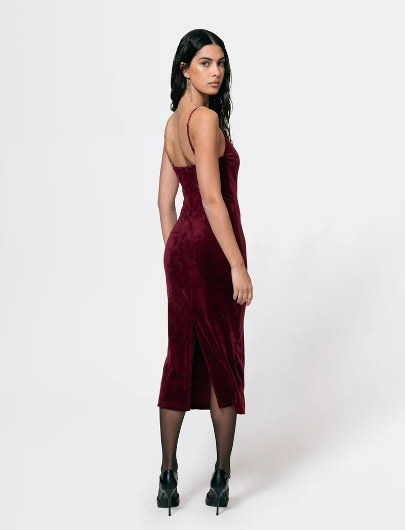 Vestito lungo con bretelline in ciniglia - Bordeaux