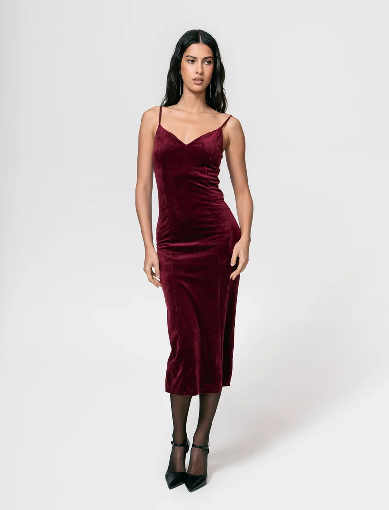 Vestito lungo con bretelline in ciniglia - Bordeaux