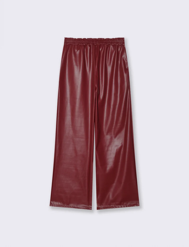 Pantalone palazzo con elastico in vita in ecopelle - Bordeaux