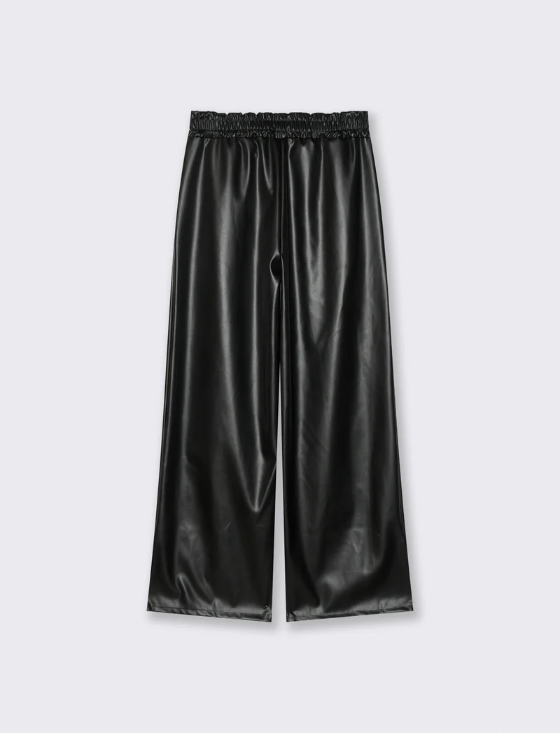 Pantalone palazzo con elastico in vita in ecopelle - Nero
