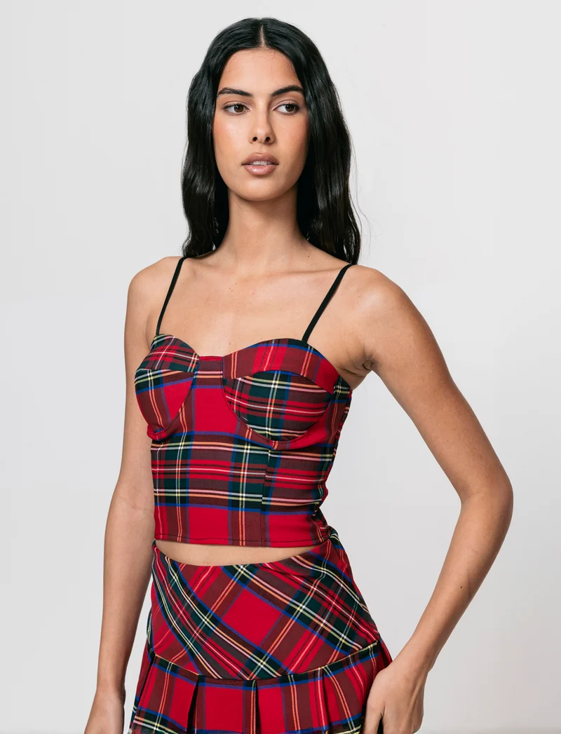 Top con coppe in tessuto quadro scozzese - Rosso