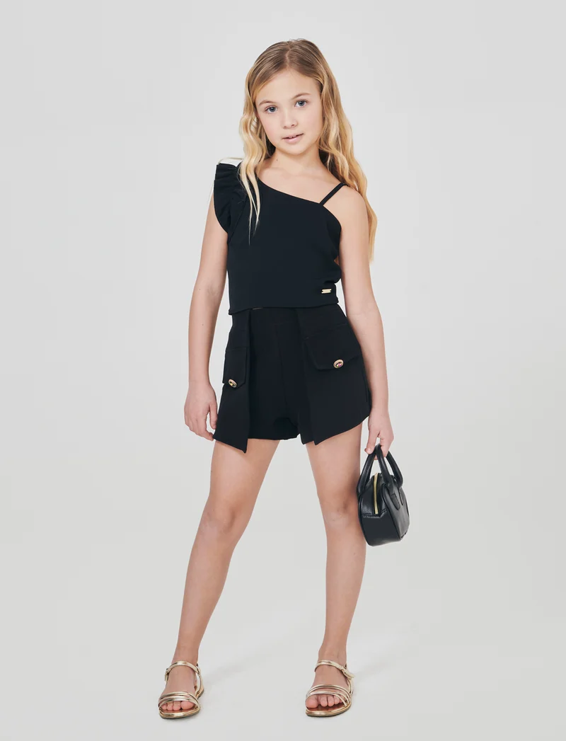 Short elegante con bottoni gioiello e pannelli - Nero