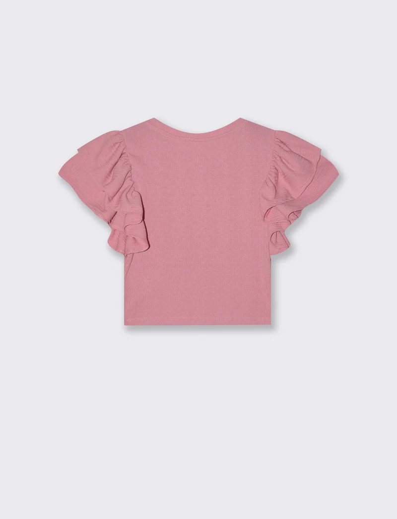 Top corto girocollo con rouches - Rosa polvere