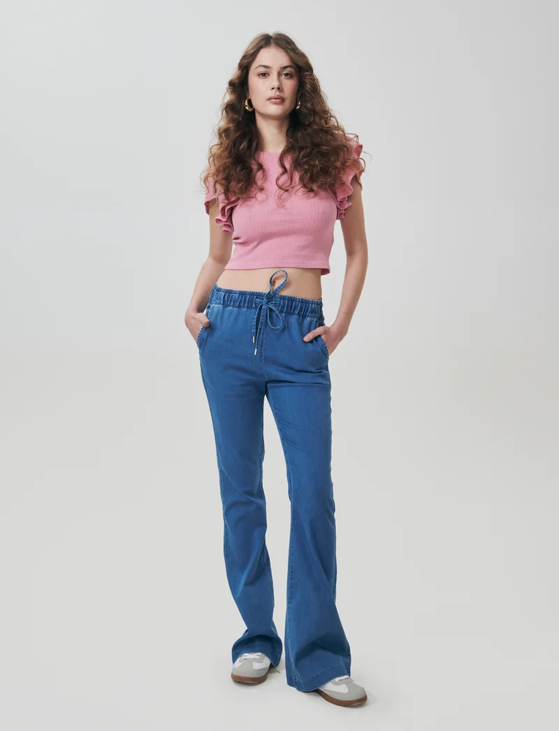 Top corto girocollo con rouches - Rosa polvere
