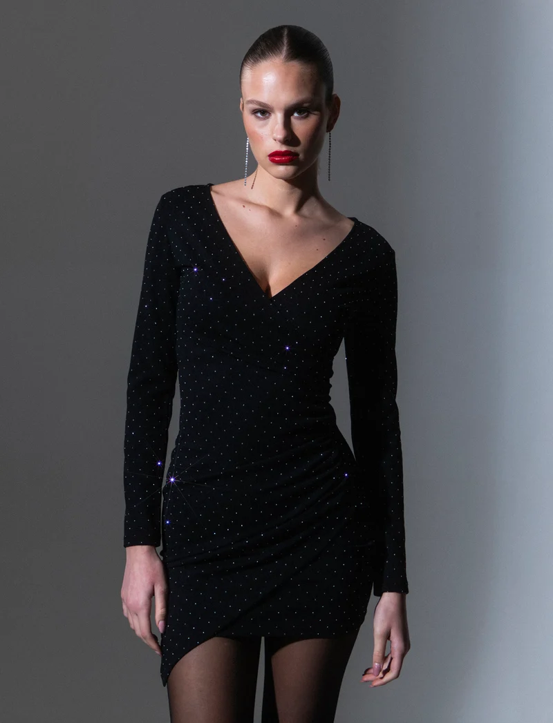 Vestito manica lunga, scollo a V, in tessuto con strass - Nero