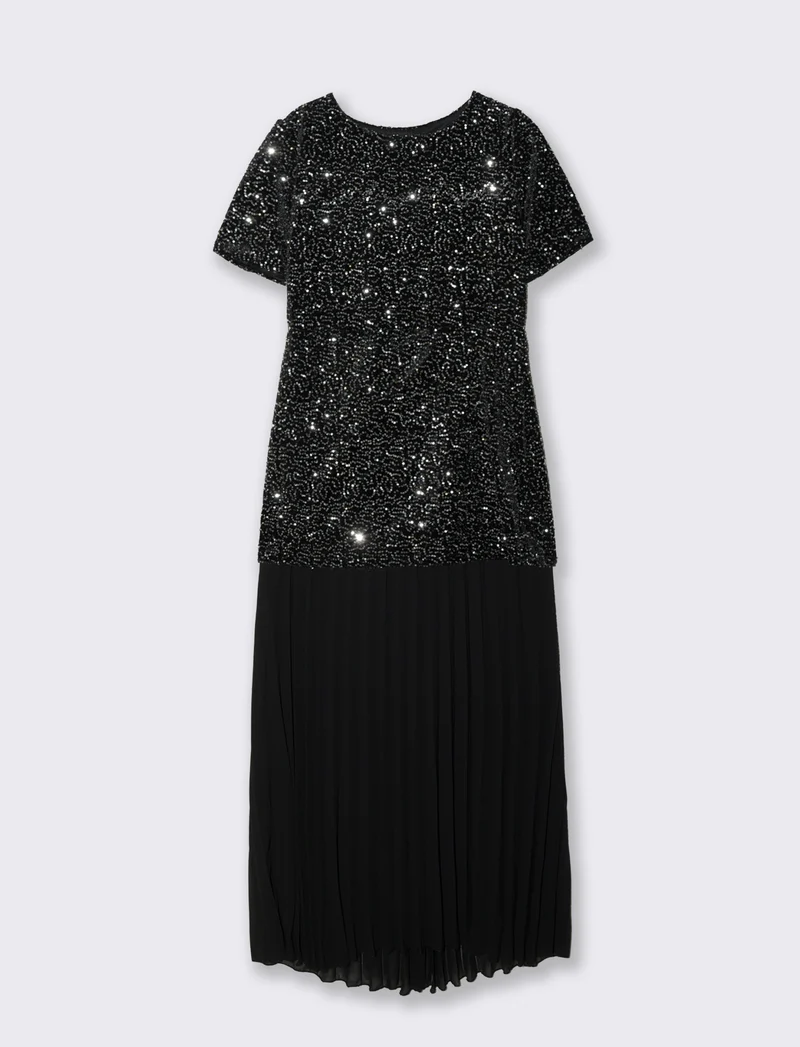 Vestito con maniche corte in paillettes e georgette plisset - Argento
