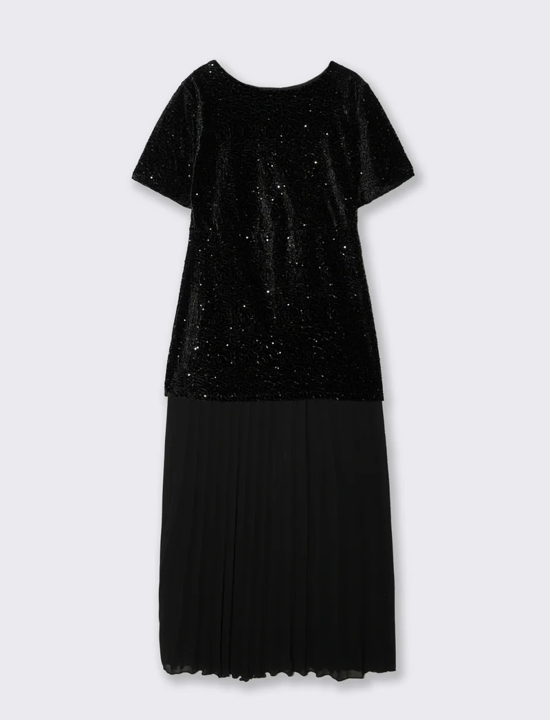 Vestito con maniche corte in paillettes e georgette plisset - Nero
