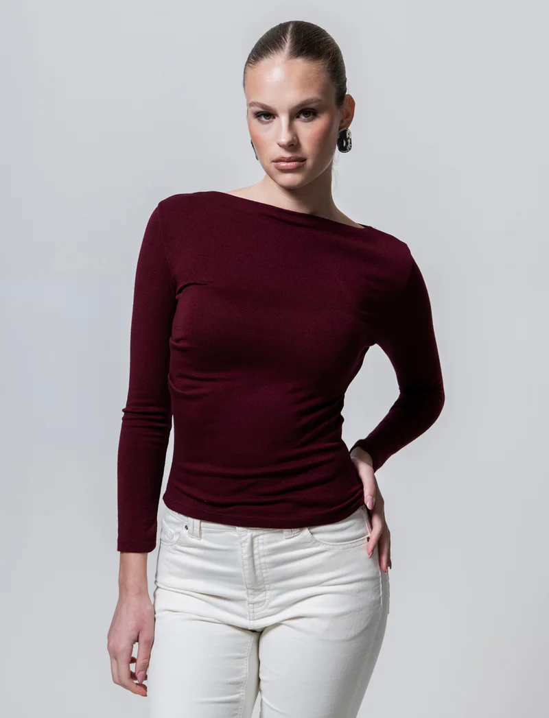 Tshirt manica lunga in maglia con scollo a barca - Bordeaux