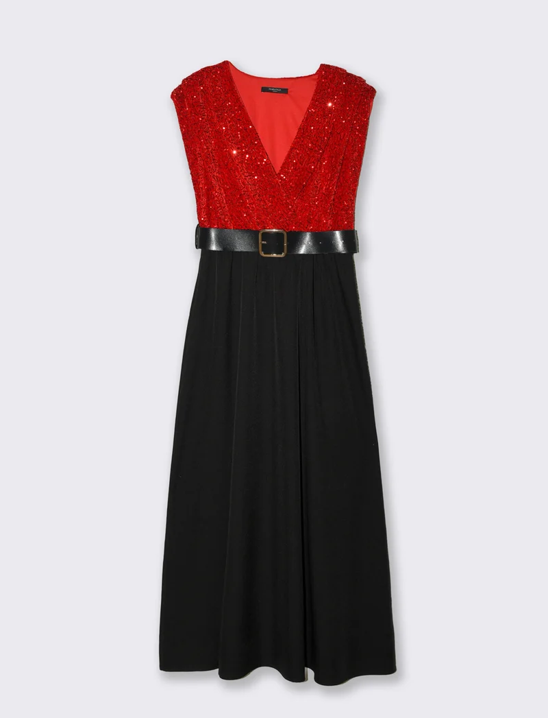 Vestito con doppio tessuto e cintura, paillettes e tessuto unito - Rosso