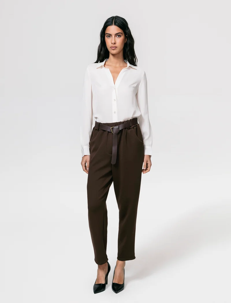 Pantalone in tessuto morbido con cintura - Moro