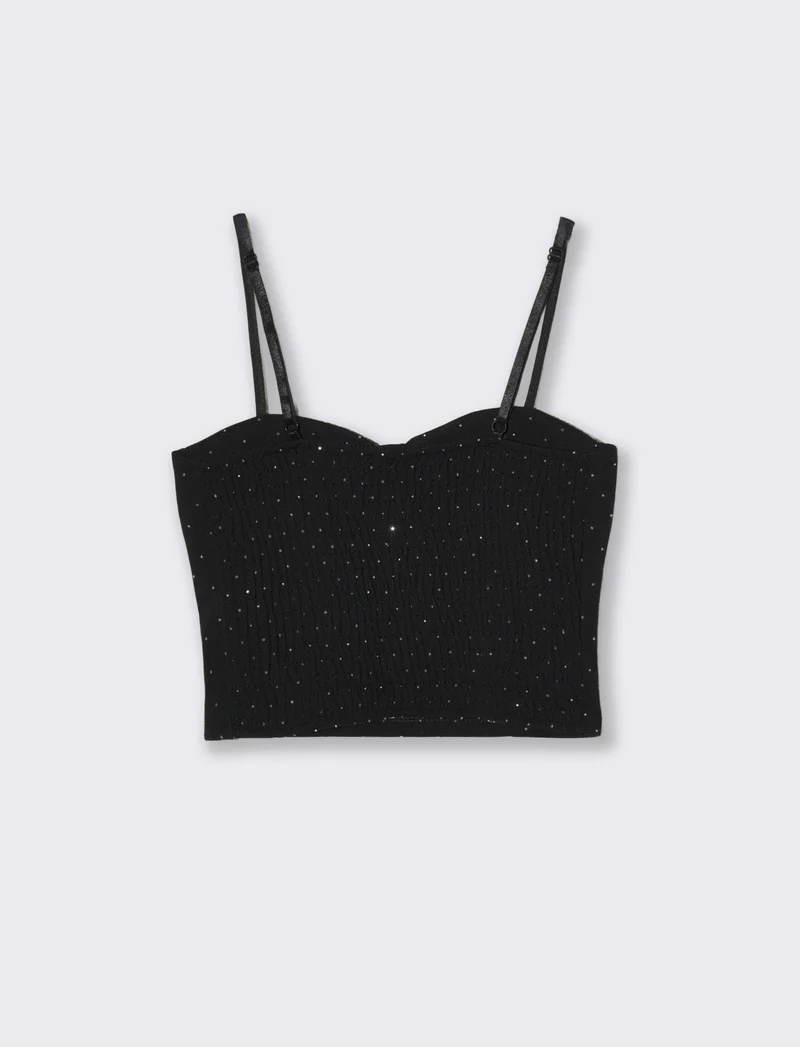 Top con coppe su tessuto strass elastico - Nero