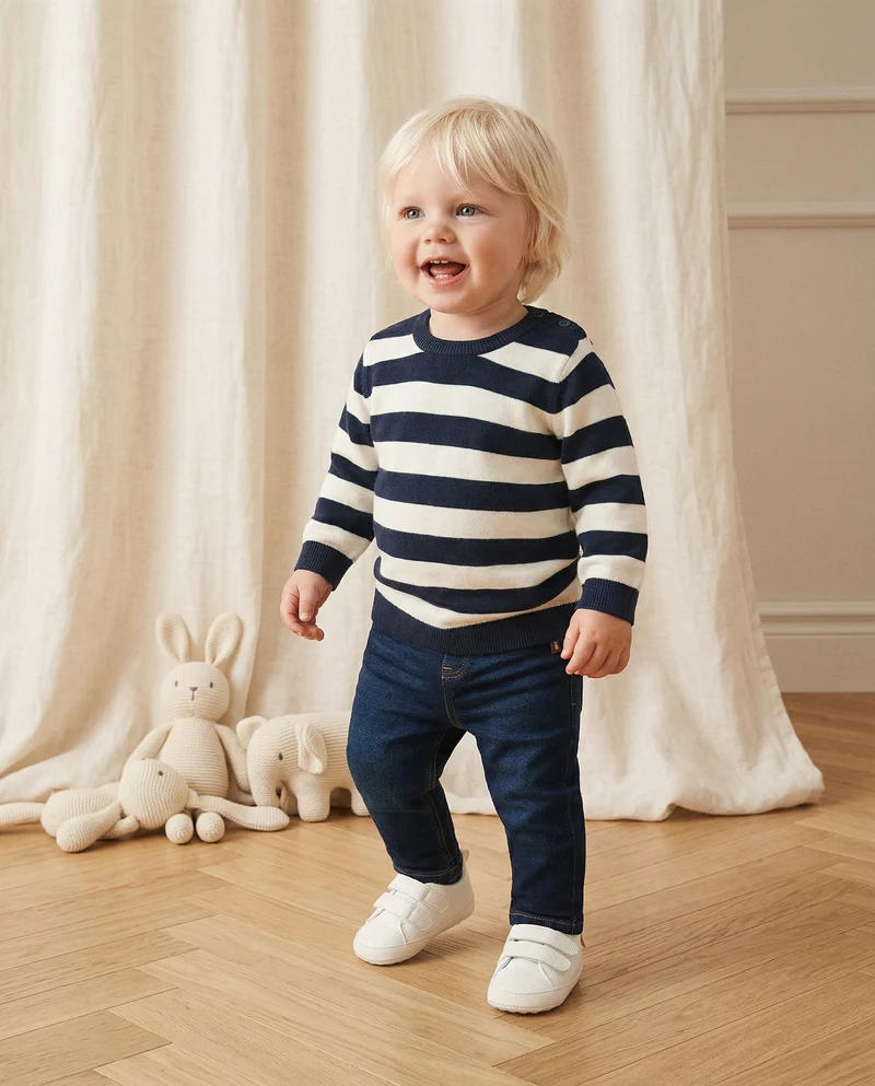 Maglioncino a righe girocollo e manica lunga - Blu