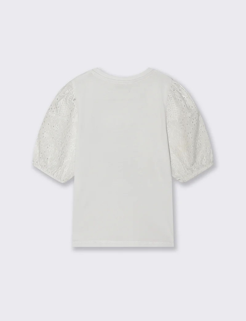 T-shirt in cotone con maniche in pizzo e strass - Bianco